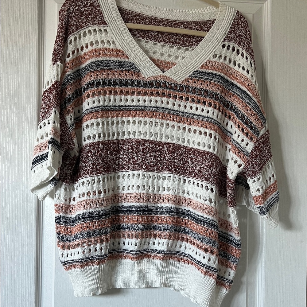 NWT Cupshe Open-Knit V-Neck Sweater in Cream and Rust size Large